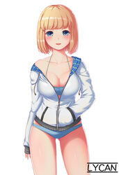  absurdres ass_visible_through_thighs blonde_hair blue_eyes blush bra breasts cleavage collarbone commentary_request female hand_in_pocket highres hood hooded_jacket jacket large_breasts looking_at_viewer lycan no_pants off_shoulder original panties parted_lips photoshop_(medium) short_hair simple_background sleeves_past_wrists smile solo striped_bra striped_clothes striped_panties teeth underwear white_background 