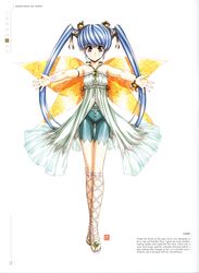  absurdres bare_shoulders bell blue_hair character_name dress fairy fairy_wings female growlanser growlanser_v hair_ornament hair_ribbon highres jewelry korin looking_at_viewer official_art pointy_ears purple_eyes ribbon scan shorts smile solo standing toeless_footwear twintails urushihara_satoshi wings 