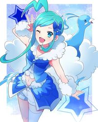  ;) altaria arm_warmers asymmetrical_hair beak bird blue_feathers bow choker feathers female flat_chest fluffy fur_collar green_eyes green_hair hairbow idol lisia_(pokemon) long_hair midriff navel nishikawa_(fe) one_eye_closed overskirt pokemon pokemon_(creature) pokemon_oras protected_link shorts shorts_under_skirt side_ponytail sidelocks single_thighhigh skirt smile thighhighs v white_feathers 