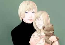  2girls aya_brea blonde_hair blue_eyes closed_eyes doll eve_brea female grin happy hata_yui long_hair multiple_girls parasite_eve parasite_eve_ii short_hair smile stuffed_animal sweater teddy_bear ttt4487 