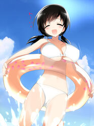  afterimage bikini black_hair bouncing_breasts bow bow_bikini breast_press breasts closed_eyes cloud commentary_request covered_nipples day female happy hima innertube jindai_komaki large_breasts navel open_mouth outdoors running saki_(manga) short_hair sky smile solo swim_ring swimsuit translated twintails underboob water white_bikini 