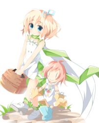  2girls bare_arms bare_shoulders basket belle_(katahane) blonde_hair blue_footwear blue_ribbon blush closed_mouth coco_(katahane) commentary_request doll_joints dress gloves green_ribbons hair_between_eyes hair_ribbon highres holding holding_basket joints katahane kushida_you looking_at_viewer multiple_girls one_side_up pink_hair ribbon ribbon-trimmed_dress shoes short_hair simple_background sleeveless sleeveless_dress smile sundress walking white_background white_dress white_footwear yellow_gloves |_| 