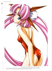  absurdres ass bare_shoulders blue_eyes covered_nipples english_text female growlanser growlanser_i hard-translated highres leotard long_hair looking_at_viewer looking_back louise_fallsmyer official_art parted_lips pink_hair red_leotard scan smile solo strapless strapless_leotard third-party_edit twintails urushihara_satoshi white_background 