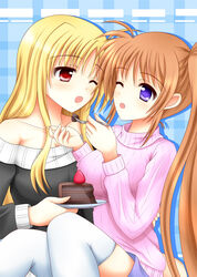  2girls blonde_hair blue_eyes brown_hair cake collarbone couple fate_testarossa feeding food kimi long_hair looking_at_another lyrical_nanoha mahou_senki_lyrical_nanoha_force mahou_shoujo_lyrical_nanoha mahou_shoujo_lyrical_nanoha_strikers mahou_shoujo_lyrical_nanoha_vivid multiple_girls one_eye_closed open_mouth ponytail red_eyes sitting sweater takamachi_nanoha turtleneck yuri 