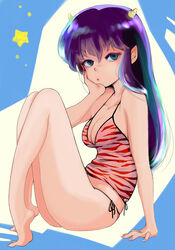  annoyed aqua_hair barefoot bottomless chin_rest colored_eyelashes from_side full_body highres horns long_hair lum multicolored_hair purple_hair sitting solo suika_(swimy0pe0u_u0s) urusei_yatsura 