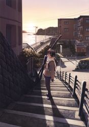  absurdres building coat enoshima female highres ichinose_mio in-universe_location kamakura_(city) landscape outdoors pantyhose power_lines railing railroad_tracks scarf stairs stone_wall sunset wall white_breath 