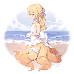  bare_shoulders beach blonde_hair blue_ribbon bridal_garter closed_mouth commentary_request dated dress female from_side full_body hair_between_eyes hair_ribbon horizontal_pupils kyuri_tizu long_hair looking_at_viewer looking_to_the_side monster_girl ocean original outdoors own_hands_together pointy_ears ribbon sand scylla short_eyebrows signature sleeveless sleeveless_dress smile solo standing syrene_(kyuri_tizu) tentacle white_dress 