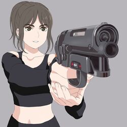  aiming ana_de_armas animification blade_runner blade_runner_2049 brown_eyes brown_hair commentary_request cyberpunk female graphite_(medium) grin gun handgun harasyu1 highres joi perspective pkd_blaster science_fiction smile solo traditional_media weapon 