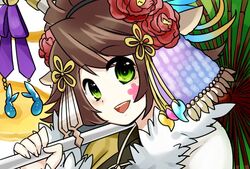  :d animal_ears antler_ornament antlers bad_id bad_pixiv_id blush brown_hair coat deer_ears female flower fur_trim green_eyes hair_flower hair_ornament hair_up hairband holding holding_umbrella horns japanese_clothes kano_(p&amp;d) kimono long_hair looking_at_viewer magatama oil-paper_umbrella open_mouth puzzle_&amp;_dragons ribbon smile solo umbrella upper_body yamanashi_taiki 