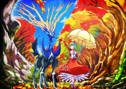  absurdres alternate_costume antlers ascot autumn_leaves blue_eyes blue_sky commentary_request day female flower forest green_hair highres holding holding_leaf horns kazami_yuuka leaf looking_at_another maple_leaf mary_janes moss nature parasol plaid plaid_skirt pokemon pokemon_(creature) pokemon_xy red_eyes red_footwear shoes short_hair skirt sky socks tagechan touhou tree umbrella white_legwear xerneas yellow_ascot 