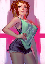  avatar:_the_last_airbender avatar_legends blue_eyes breasts brown_hair cleavage commentary_request contemporary cowboy_shot cutoffs denim denim_shorts eyelashes female hand_on_own_hip high_ponytail jin_(avatar) large_breasts lips long_hair nose rejean_dubois short_shorts shorts solo tank_top 