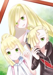  1boy 2girls :d absurdres asymmetrical_hair blonde_hair blunt_bangs blush braid brother_and_sister closed_mouth collarbone commentary_request dress earrings eyebrows eyes_visible_through_hair family french_braid frown gem gladion_(pokemon) green_eyes highres hood hood_down hoodie jewelry lillie_(pokemon) long_hair long_sleeves lusamine_(pokemon) mother_and_daughter mother_and_son multiple_girls open_mouth pokemon pokemon_sm ponytail siblings sleeveless sleeveless_dress smile spoilers torn_clothes torn_sleeves twitter_username very_long_hair white_dress yuyumi_(yuurei) 