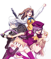  5girls :3 absurdres ahoge animal_ears arcueid_brunestud blonde_hair braid brown_hair cat_ears hat highres melty_blood multiple_girls neco-arc open_mouth photoshop_(medium) pile_bunker purple_eyes purple_hair purple_thighhighs red_eyes riesbyfe_stridberg school_uniform single_braid sion_eltnam_atlasia takeuchi_takashi thighhighs true_apocrypha tsukihime two_side_up weapon yumizuka_satsuki zettai_ryouiki 