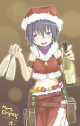  alcohol black_hair charme_(recettear) crop_top cup drinking_glass drunk female merry_christmas midriff photoshop_(medium) purple_eyes recettear saiku_jun santa_costume short_hair side_slit solo wine wine_glass 