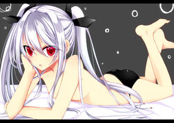  bare_legs barefoot black_panties bloodcatblack blush breasts chestnut_mouth commentary_request female hair_censor hair_ribbon hand_on_own_face letterboxed long_hair looking_at_viewer lying on_stomach open_mouth original panties red_eyes ribbon silver_hair small_breasts solo the_pose topless twintails underwear 