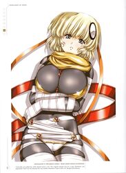  absurdres anita_(growlanser) bandages bodysuit breasts covered_navel crossed_arms female grey_eyes growlanser growlanser_vi hair_ornament hair_ribbon highres large_breasts looking_at_viewer lying official_art on_back orange_ribbon parted_lips ribbon scan shadow short_hair skin_tight solo urushihara_satoshi white_background white_hair 