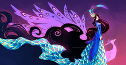  2012 artist_logo artist_name avian bird black_hair blue_clothing blue_dress brown_eyes clothing colorful_background colorful_theme dress duo female feral galliform hair hi_res human iridescent iridescent_dress iridescent_feathers larger_feral logo looking_at_viewer mammal peafowl phasianid purple_background signature simple_background size_difference smaller_female smaller_human smile smiling_at_viewer text url watermark ziyoling 