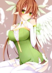  bloodcatblack blush breasts bridal_gauntlets brown_hair commentary_request elf female garter_straps gloves green_eyes hair_ribbon large_breasts long_hair looking_at_viewer original pointy_ears ribbon sitting solo thighhighs twintails very_long_hair white_gloves white_thighhighs wings yokozuwari 