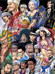  3girls 6+boys afro alvida bear bird black_hair blonde_hair blue_hair borsalino_(kizaru) brown_hair capelet captain_kuro carue chef duck everyone facial_hair gaimon gin_(one_piece) glasses green_hair grey_hair hannyabal helmeppo jango johnny_(one_piece) kobi kumacy kuzan_(aokiji) laboon marine military military_uniform monkey_d_garp moustache multiple_boys multiple_girls nefertari_vivi one_piece pell perona pink_hair pirate princess rob_lucci sakazuki_(akainu) sengoku_(one_piece) sleep_mask smoker sunglasses trunk uniform whale yosaku yosaku_(one_piece) zeff 