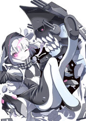  abyssal_ship backpack bad_id bad_pixiv_id bag bikini black_bikini female grin hood horseshoe jacket kantai_collection o-ring o-ring_top one_eye_closed ooide_chousuke pale_skin photoshop_(medium) purple_eyes re-class_battleship saliva salute short_hair smile swimsuit tail tongue white_background white_hair 