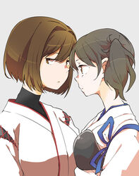  2girls armor bad_id bad_pixiv_id brown_eyes brown_hair commentary_request hyuuga_(kancolle) japanese_clothes kaga_(kancolle) kantai_collection multiple_girls muneate name_(sh) short_hair side_ponytail tasuki 