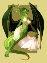  anthro armband big_breasts bottomwear breasts claws clothing dragon dress european_mythology feet female green_body green_scales hi_res jewelry lenora_(specter01) looking_at_viewer mythological_creature mythological_scalie mythology necklace non-mammal_breasts scales scalie simple_background skirt smile solo tail talons tan_background toes uni western_dragon wings yellow_eyes 