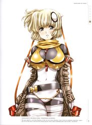  absurdres anita_(growlanser) bandages belt between_breasts blonde_hair blush bodysuit breasts chains coat covered_navel cowboy_shot female grey_eyes growlanser growlanser_vi hair_ribbon highres large_breasts looking_away off_shoulder official_art orange_ribbon parted_lips ribbon scan shiny_clothes short_hair smile solo urushihara_satoshi white_background 