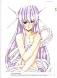  absurdres bed_sheet blush breasts breasts_squeezed_together cleavage collarbone cowboy_shot female frayne_(growlanser) green_eyes growlanser growlanser_iv hair_between_eyes hand_on_own_chest headgear highres light_purple_hair long_hair medium_breasts naked_sheet official_art parted_lips scan smile solo urushihara_satoshi very_long_hair white_background 