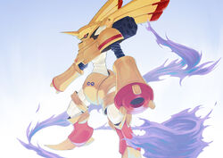  commentary digimon digimon_(creature) digimon_adventure_02 horns mecha monster no_humans photoshop_(medium) rapidmon rapidmon_(armor) red_eyes robot sasasi single_horn 