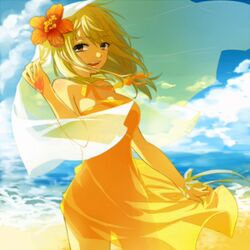  beach blonde_hair brown_eyes cloud commentary day dress fairy_tail female flower hair_flower hair_ornament lucy_heartfilia ribbon see-through smile solo strib_und_werde sundress tattoo veil white_hair wind wrist_ribbon 