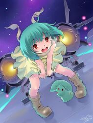  ai-kun airplane boots dress green_hair jet macross macross_frontier mecha orange_eyes ranka_lee short_hair space tagme vf-25 