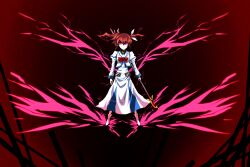  angry barrier_jacket bow brown_hair glowing_eyes mad mahou_shoujo_lyrical_nanoha mahou_shoujo_lyrical_nanoha_a&#039;s pink_eyes staff tagme takamachi_nanoha twintails 