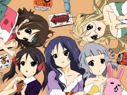  5girls black_eyes black_hair blonde_hair blue_eyes blunt_bangs brown_eyes brown_hair dango endou_aya filicia_heideman food high_res kannagi_noel kazumiya_rio long_hair mask megane open_mouth parody short_hair smile sora_no_woto sorami_kanata suminoya_kureha taiyaki twintails wafuku yukata 