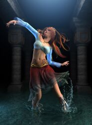  body_writing cg choker dance dancing dragon long_hair midriff motion_blur navel oppai red_hair tattoo water 