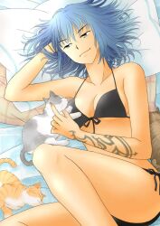  428 alphard bed bikini blue_hair brown_eyes canaan feline kurioneko lying mizugi pillow tattoo 