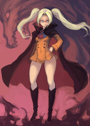  akatsuki_blitzkampf ascot black_footwear blonde_hair blue_eyes boots breasts buttons cape covered_navel dress female floating_hair full_body glasses hair_intakes hand_on_own_hip highres johan_(johan13) knee_boots legs_apart long_hair long_sleeves looking_at_viewer medium_breasts microdress mycale orange_dress red-framed_eyewear red_ascot revision smile solo standing thighs twintails 