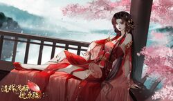  absurdres artist_request bare_legs bead_bracelet bead_necklace beads bracelet brown_hair cherry_blossoms chinese_clothes closed_mouth facial_mark female forehead_mark hair_ornament hair_rings hand_fan highres holding holding_fan huo_linger_(wanmei_shijie) jewelry long_hair looking_at_viewer mountain necklace pillar railing rain sash second-party_source sitting solo thighlet wanmei_shijie water 