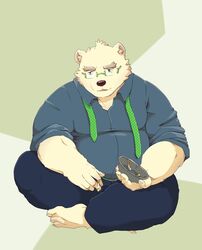  2021 anthro baku_hosamo bear black_nose bottomwear clothing eyewear fur glasses hi_res kemono leib_(tas) lifewonders male mammal necktie overweight overweight_male pants polar_bear shirt simple_background sitting solo tokyo_afterschool_summoners topwear ursine white_body white_fur 