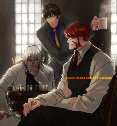  3boys black_hair board_game chair chess closed_mouth collar copyright_name cup dark_skin formal glasses holding holding_cup housui_(g3hopes) kekkai_sensen klaus_von_reinhertz long_sleeves looking_at_another manly multiple_boys mutton_chops necktie oerba_yun_fang red_hair red_necktie short_hair sitting standing steven_a._starphase suit tusks white_hair yellow_necktie zap_renfro 