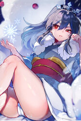  ass bare_legs blue_hair female fur_trim goku_fubukihime hair_ornament highres japanese_clothes kimono kmnk_(kumanuko) long_hair looking_to_the_side panties pantyshot parted_lips red_eyes snow snowflakes thighs traditional_youkai underwear white_panties youkai_(youkai_watch) youkai_watch youkai_watch:_punipuni yuki_onna 