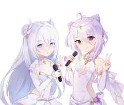  +_+ 2girls azur_lane bare_shoulders blue_eyes crossover danraz0r double_bun dress elf hair_between_eyes hair_bun hair_ornament highres holding holding_microphone kokkoro_(princess_connect!) le_malin_(azur_lane) le_malin_(muse)_(azur_lane) long_hair looking_at_viewer microphone multiple_girls pointy_ears princess_connect! red_eyes see-through see-through_dress short_hair simple_background v white_background white_dress white_hair 