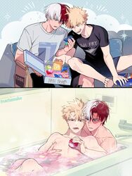  2boys ?_block artist_name bag bakugou_katsuki bath bath_bomb bathtub black_shirt black_shorts blonde_hair blue_background blue_eyes boku_no_hero_academia box bubble bubble_bath burn_scar cactusnabe collarbone commentary_request couch faucet grabbing grey_eyes grey_shirt hair_between_eyes hand_up heterochromia highres holding holding_box male_focus mario_(series) multicolored_hair multiple_boys notice_lines on_couch open_mouth paper_bag partially_submerged pectoral_grab pillow polka_dot polka_dot_background red_eyes red_hair scar scar_on_face shirt short_hair short_sleeves shorts simple_background sitting smile spiked_hair split-color_hair steam t-shirt teeth todoroki_shouto twitter_username two-tone_hair water wet wet_hair white_background white_hair yaoi 