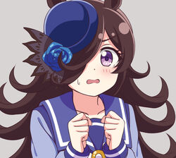  animal_ears bad_id bad_pixiv_id blue_flower blue_hat blue_rose blush bow bowtie brown_hair clenched_hands collarbone commentary female flower grey_background hair_flower hair_ornament hair_over_one_eye hands_up hat hat_flower highres horse_ears horse_girl horseshoe_ornament long_hair long_sleeves looking_at_viewer open_mouth purple_eyes purple_sailor_collar purple_shirt rice_shower_(umamusume) rose sailor_collar sailor_shirt school_uniform serafuku shirt simple_background solo sweatdrop tilted_headwear tracen_school_uniform umamusume upper_body very_long_hair wavy_mouth winter_uniform zeta_(24904340) 