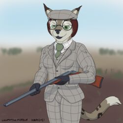  1:1 2021 absurd_res anthro blurred_background bridgette_o&#039;shane canid canine canis clothing domestic_dog double_barrel_shotgun eyewear felid feline female flat_cap glasses gun hat headgear headwear hi_res hunting hunting_dog left-handed lynx lynxuki mammal necktie panzerschreckleopard pose ranged_weapon saluki shotgun sighthound solo suit three_piece_suit weapon 