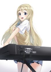  :d absurdres blonde_hair blue_eyes blue_ribbon blue_skirt breasts commentary female gradient_background grey_background hand_up highres instrument k-on! keyboard_(instrument) kimyo kotobuki_tsumugi leaning_forward long_hair looking_at_viewer medium_breasts neck_ribbon open_mouth pleated_skirt ribbon sakuragaoka_high_school_uniform school_uniform shirt short_hair skirt smile solo summer_uniform teeth thick_eyebrows upper_teeth_only white_background white_shirt 