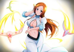  absurdres baigon_(bleach) bleach bleach:_sennen_kessen-hen blush breasts cleavage cleavage_cutout clothing_cutout collarbone detached_sleeves english_commentary female hair_ornament hairclip highres inoue_orihime large_breasts lily_(bleach) long_hair looking_at_viewer midriff navel orange_hair purple_eyes shirt shun&#039;oh_(bleach) shun_shun_rikka skirt smile solo white_shirt white_skirt white_sleeves xer_(yuaz3274) 