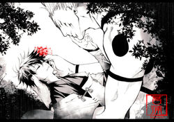  2boys arm_tattoo black_nails commentary_request extra_arms extra_eyes facial_tattoo flower fushiguro_megumi holding holding_flower japanese_clothes jujutsu_kaisen kimono long_sleeves male_focus multiple_boys muscular muscular_male nail_polish outdoors red_flower ryoumen_sukuna_(jujutsu_kaisen) short_hair shoulder_tattoo size_difference smile spiked_hair tattoo teeth topless_male yaoi youjo_(kurukuru9696) 