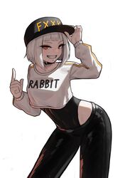  arc2urus baseball_cap black_hat black_leotard black_pants choker clothes_writing crop_top female grin half-closed_eyes hand_on_headwear hat highres leaning_forward leotard leotard_under_clothes lobotomy_corporation long_sleeves looking_at_viewer myo_(project_moon) official_alternate_costume pants parted_lips pointing pointing_up project_moon red_eyes shirt short_hair smile solo striped teeth white_hair white_shirt 