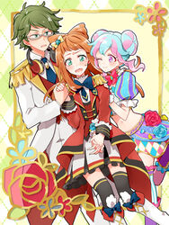  1boy 2girls :o ahoge aikatsu!_(series) aikatsu_stars! bell bisexual_female black_legwear blue_flower blue_hair blue_rose blunt_bangs blush boots border bow bow-shaped_hair bowtie boy_and_girl_sandwich commentary_request cone_hair_bun cowboy_shot crop_top double_bun doughnut_hair_bun dress embarrassed epaulettes flower glasses green_eyes green_hair hair_bun hanazono_kirara headphones headphones_around_neck holding_hands idol idol_clothes interlocked_fingers jacket jingle_bell kira_kanata light_blue_hair long_hair long_jacket long_sleeves looking_at_another looking_at_viewer love_triangle m4_uniform midriff multicolored_clothes multicolored_dress multicolored_hair multiple_girls navel necktie oerba_yun_fang one_eye_closed open_mouth orange_hair pants pink_hair popoin puffy_short_sleeves puffy_sleeves purple_eyes raised_eyebrows red_flower red_jacket red_rose rose s4_uniform sandwiched saotome_ako school_uniform semi-rimless_eyewear short_hair short_sleeves sidelocks skirt smile sweatdrop swept_bangs thighhighs under-rim_eyewear white_footwear white_jacket white_pants white_skirt 