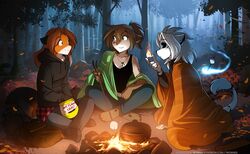  2021 4_toes adobe_photoshop_(artwork) anthro autumn backpack barefoot black_sclera brown_body brown_fur campfire camping candy canid canine chips_(food) clothed clothing colored conditional_dnp crossed_legs dessert detailed_background digital_media_(artwork) digitigrade english_text feet felid female fire food forest fox fur glowing glowing_eyes grey_body grey_fur group hair hi_res holding_object hoodie hybrid kathrin_vaughan keidran laura_(twokinds) lion mammal markings marshmallow multicolored_body multicolored_fur orange_body orange_fur outside pantherine plant ponytail quilt red_fox roasting_marshmallow shirt sitting smile spirit spots spotted_body spotted_fur tank_top text toes tom_fischbach topwear tree true_fox twokinds url white_body white_fur will-o&#039;-the-wisp willow_wisp 